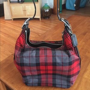 Coach Red/Black Plaid Hobo Bucket Bag with Wallet